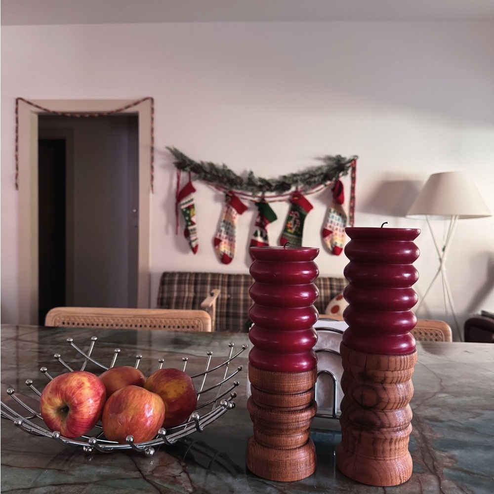 Set of Two Wooden Pillar Candle Holders